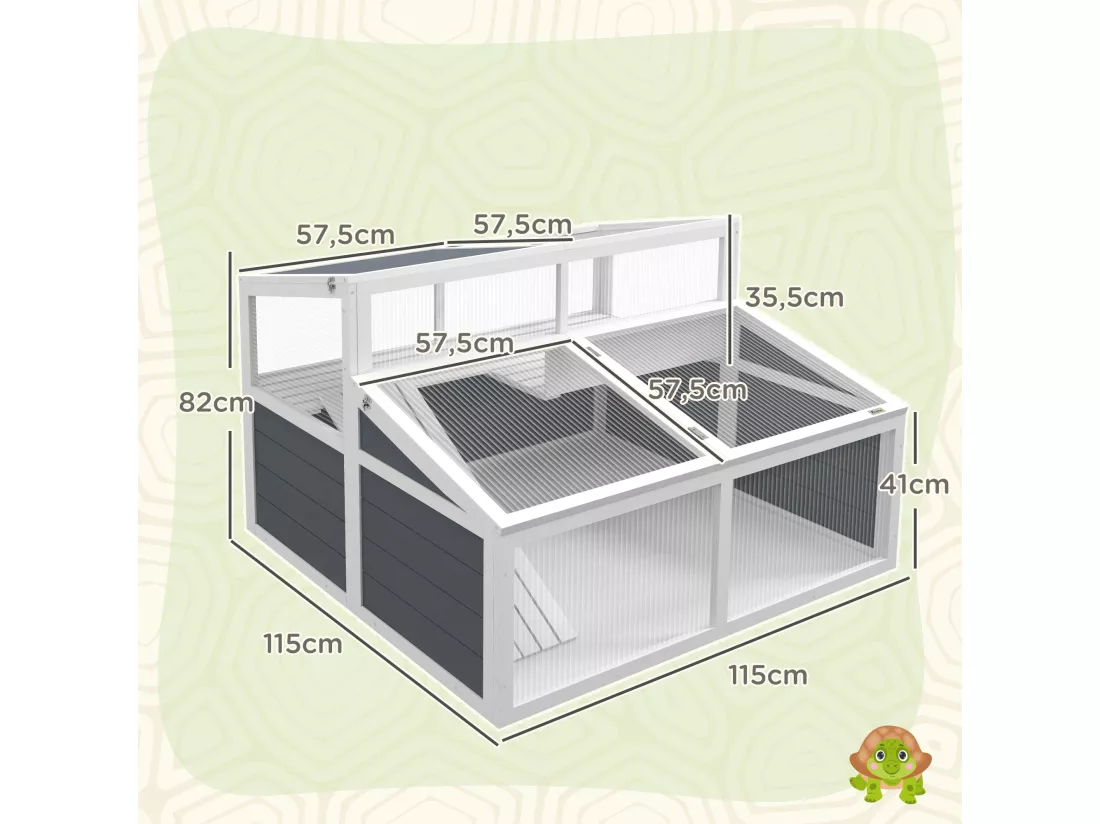 Terrarium enclos tortue 2 espaces toit polycarbonate 3 portes rampe bois gris blanc