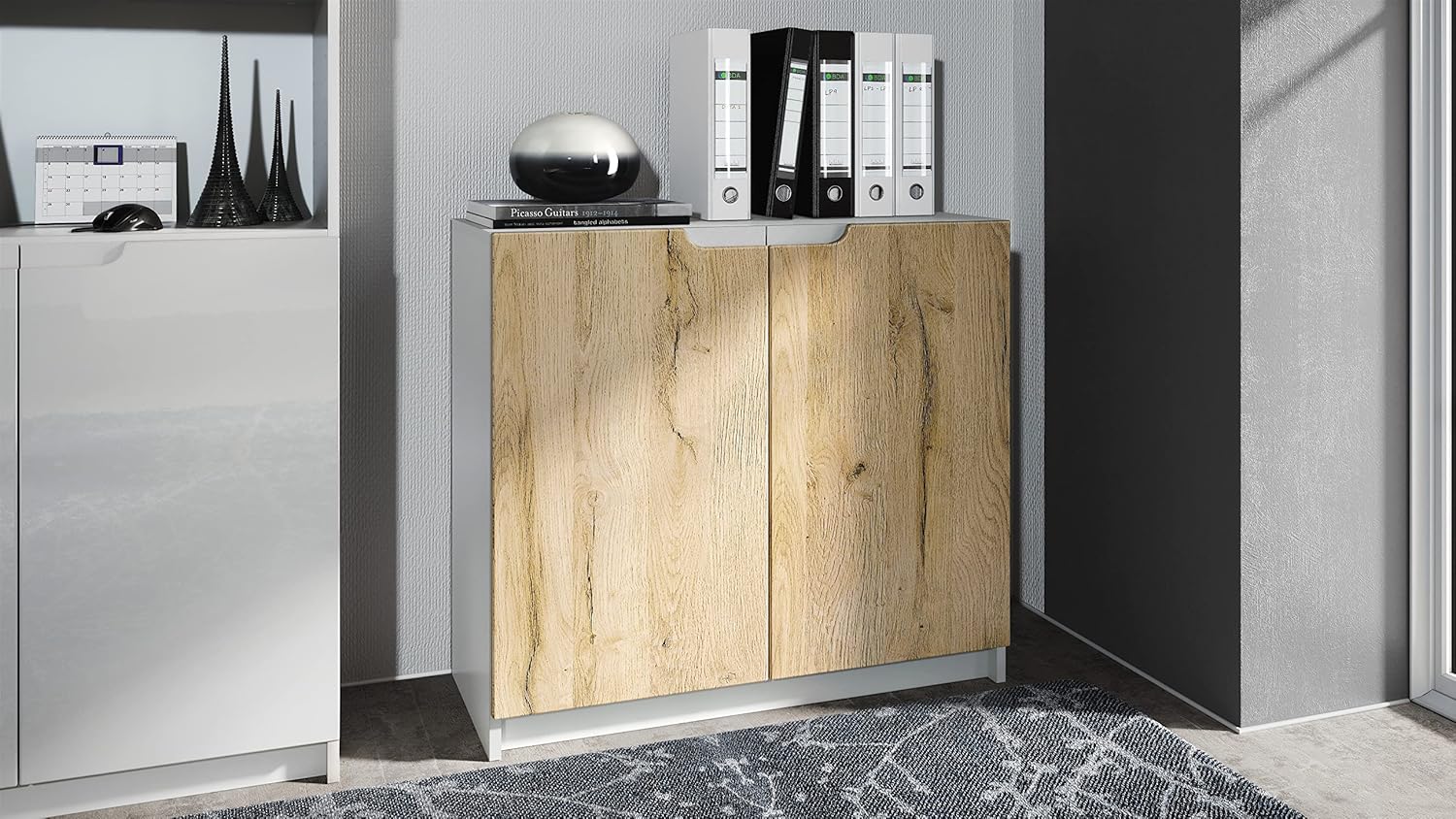 Vladon Sideboard Logan, Made in Germany, Kommode mit 2 Türen, Weiß matt/Eiche Natur (82 x 78 x 37 cm)