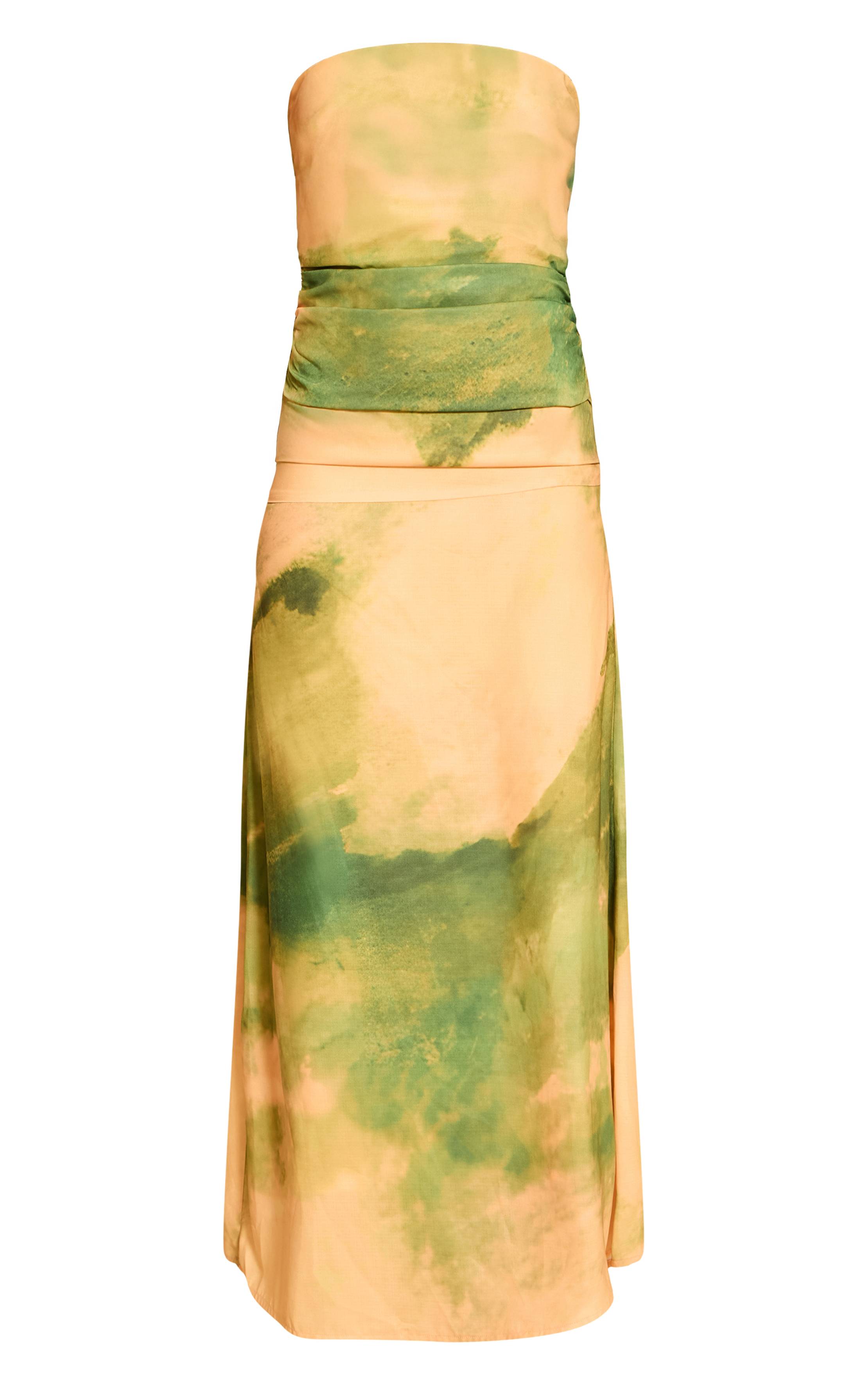 Vert Robe Longue Bustier À Imprimé Abstrait Avec Détails Froncés