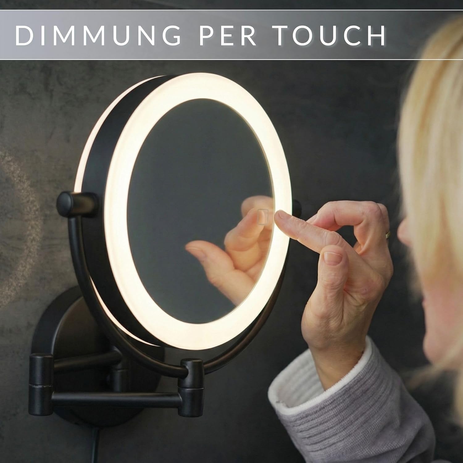 LED Kosmetikspiegel Modena schwarz – 360° Wand-Schminkspiegel mit Dimmer, Tageslicht-LEDs & 5x/10x Vergrößerung für perfektes Make-up