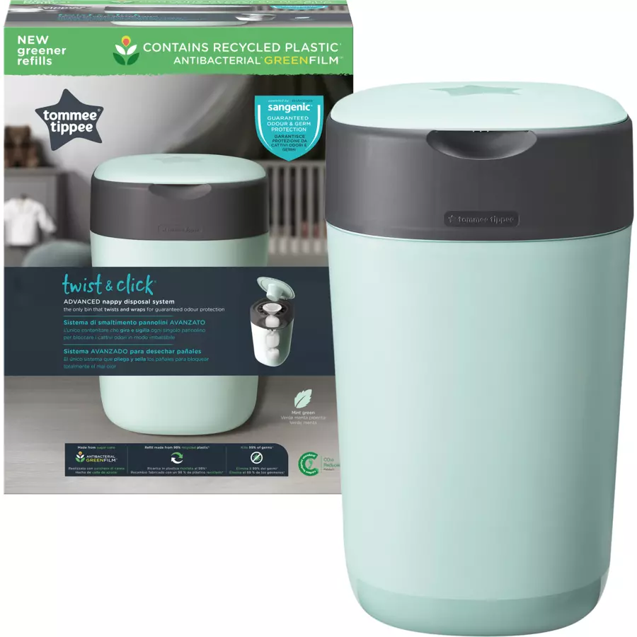 Tommee Tippee Windeleimer Twist & Click Advanced inkl. einer Kassette mit nachhaltig gewonnenem, antibakteriellem Greenfilm in grün