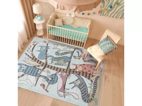 Tapis enfant 80x150 tissé gris et bleu motif animaux KIDCHIC