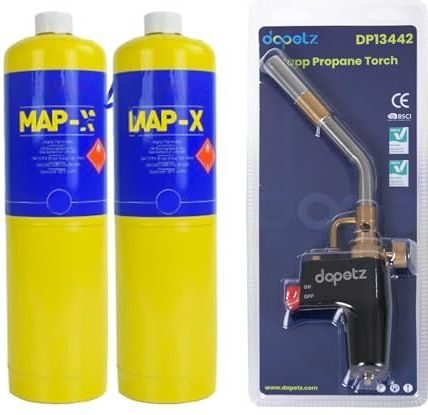 Dapetz ® Gastoorts en 2x Mapp Pro Gashouder voor Solderen, Schroeien, Ontdooien, Warmtebehandeling - Mechanica Straalbrander Cilinder Gele Fles Cartridge voor Blaasbrander