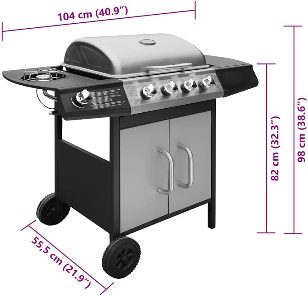 vidaXL Gasgrill mit 4 Brennern 1 Seitenbrenner BBQ Grill Standgrill Grillwagen Grillstation Gartengrill Wagengrill Barbecue Schwarz Silbern