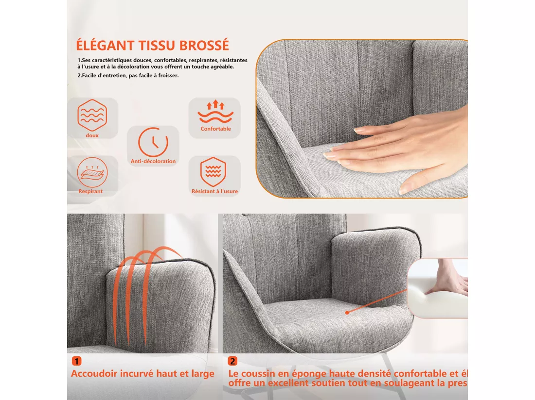 MEUBLES COSY Fauteuil à Bascule Allaitement Rocking Chair Scandinave Chaise Loisir Revêtement en Tissu avec Pieds en Bois Massif pour Salon, Chambre, Le balcon, Gris Clair