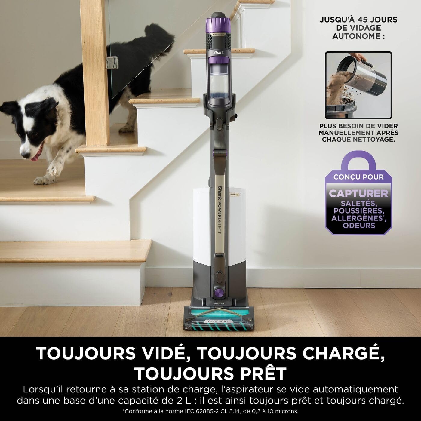 Shark Detect Clean & Empty Aspirateur balai sans fil , aspiration puissante, détection des saletés, base autovidante de 2 L, autonomie de 60 min, anti-emmêlement, brosse, suceur plat, blanc IW3612EU