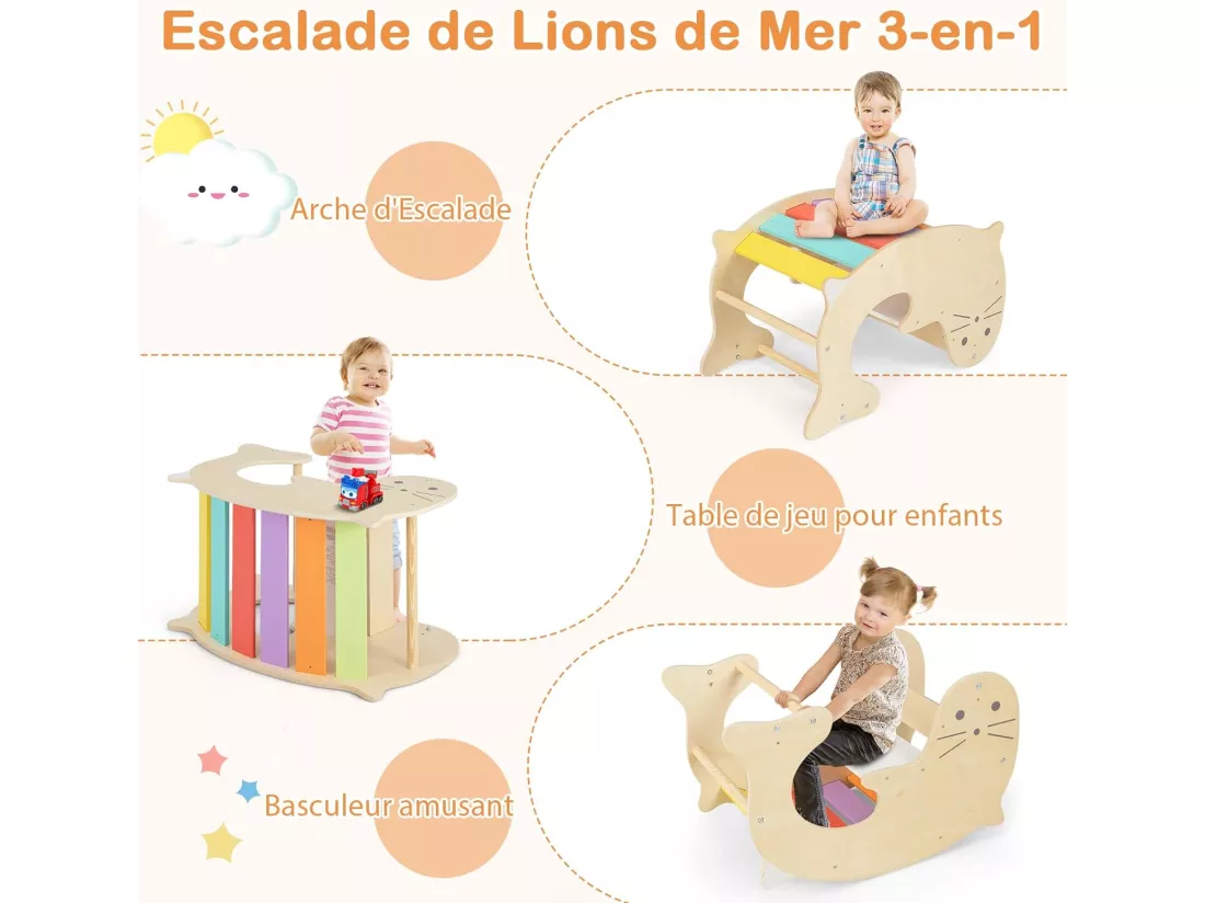 7 en 1 Triangle d'escalade Montessori Pliable avec Rampe Réversible & Chaise à Bascule Otarie, Arche d'escalade en Bois avec Hauteur Réglable, Charge 60kg pour Enfants de 3-14 Ans (Coloré)