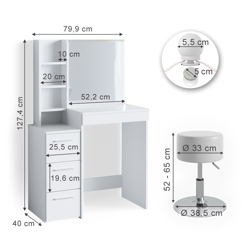 Vicco Schminktisch Frisiertisch Schminkkommode Meryl + LED-Beleuchtung + Hocker
