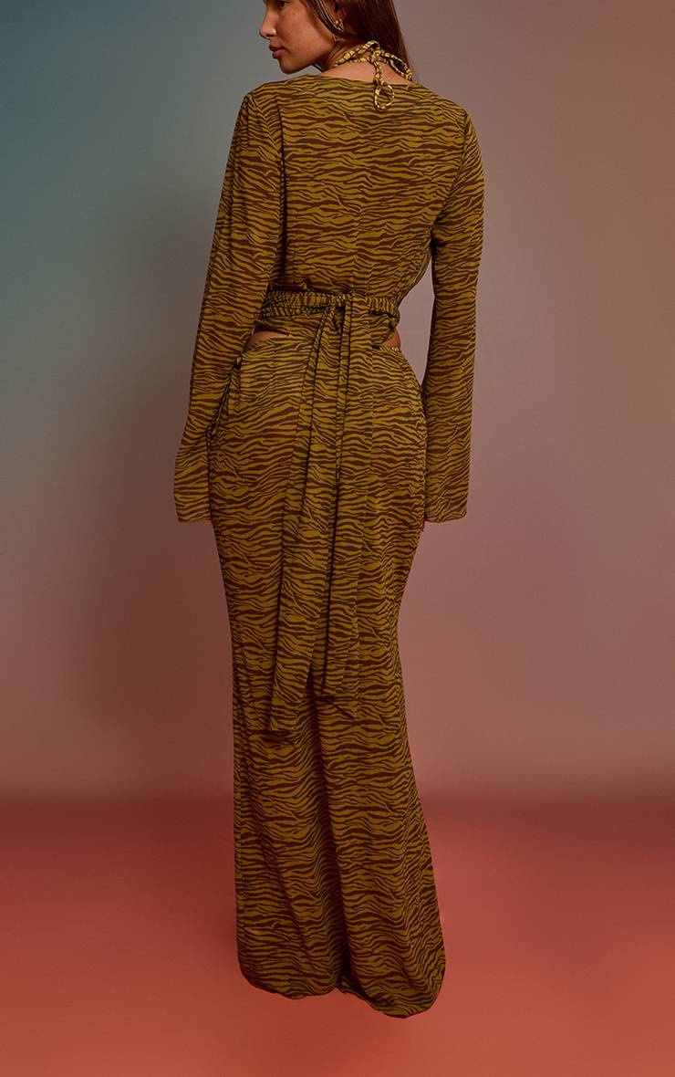 Vert Olive Jupe Longue Taille Basse En Mousseline Imprimée