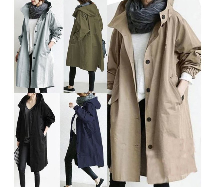 Rred - Effen trenchcoat met capuchon en één rij knopen