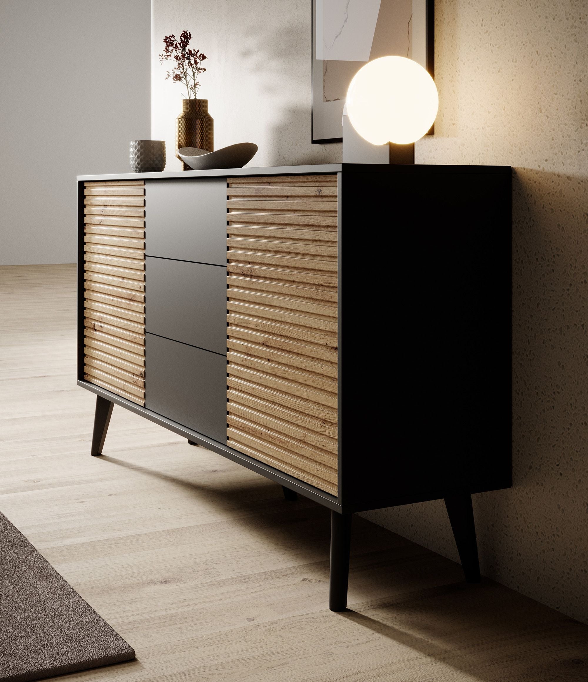 Meubella - Dressoir Palladium - Eiken - Zwart - 154 cm - met lades