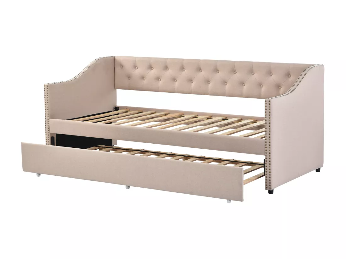 Lit gigogne lit banquette 90x200cm en lin avec sommier à lattes - Beige