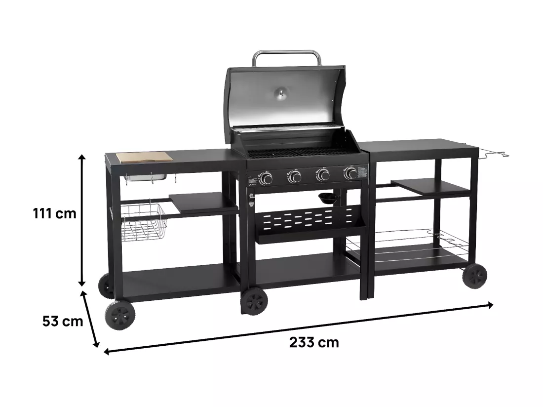 Barbecue à gaz cuisine d'extérieur - 12 kw - 4 brûleurs - Noir