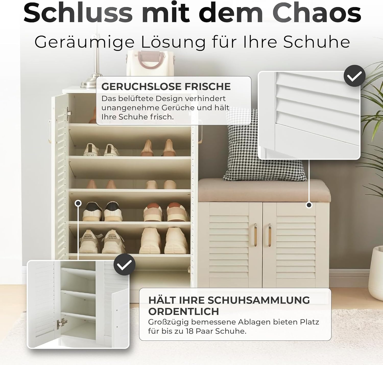[en.casa] Schuhschrank Løten Schuhregal mit 4 Türen und 9 Ablagen Schuhablage 120 x 36 x 97 cm bis zu 18 Paar Schuhe mit gepolsterter Sitzbank Schuhaufbewahrung Weiß