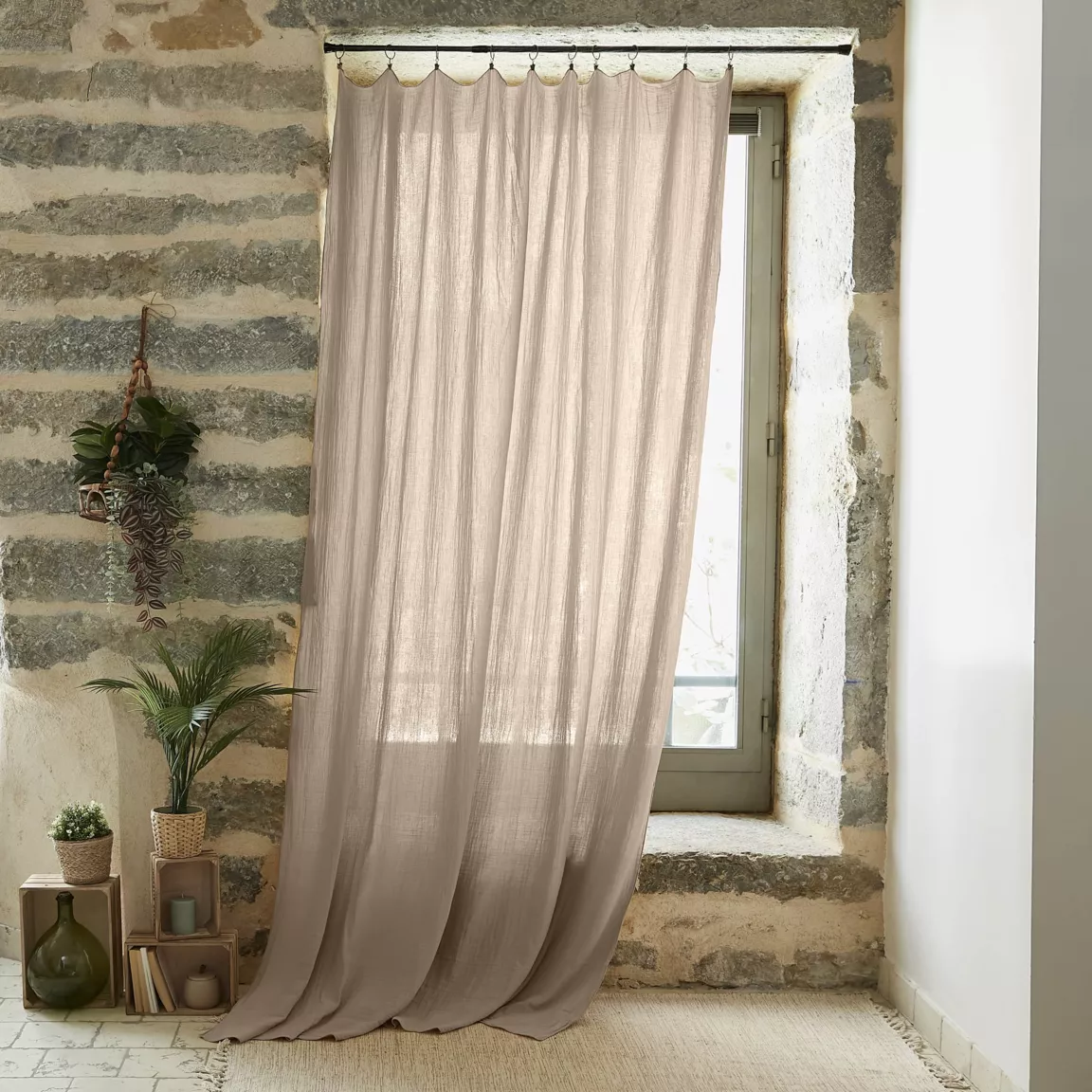 Rideau gaze de coton ajustable (140 x max 300 cm) Gaïa Ficelle