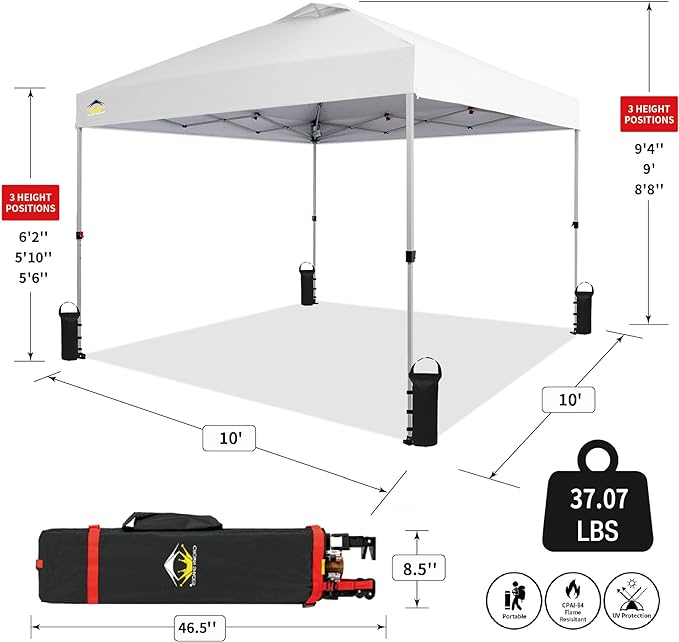 Crown Shades 10x10 Pop up Canopy Outside Canopy, Patented One Push Tent Canopy with Wheeled Carry Bag, Bonus 8 Stakes and 4 Ropes, White