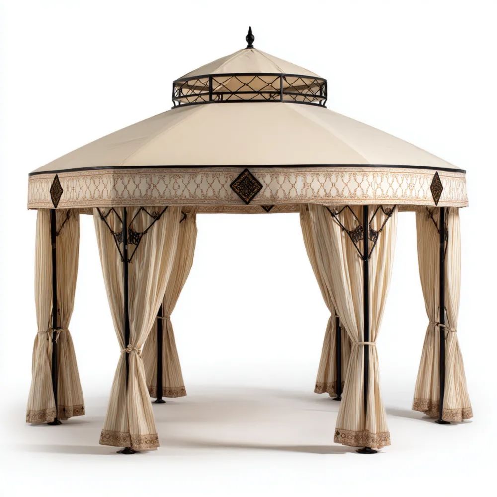 Pavillon Metallrahmen mit Vorhängen – 3,5 x 3,5 x 3 Meter – Beige – Orientalisches Design