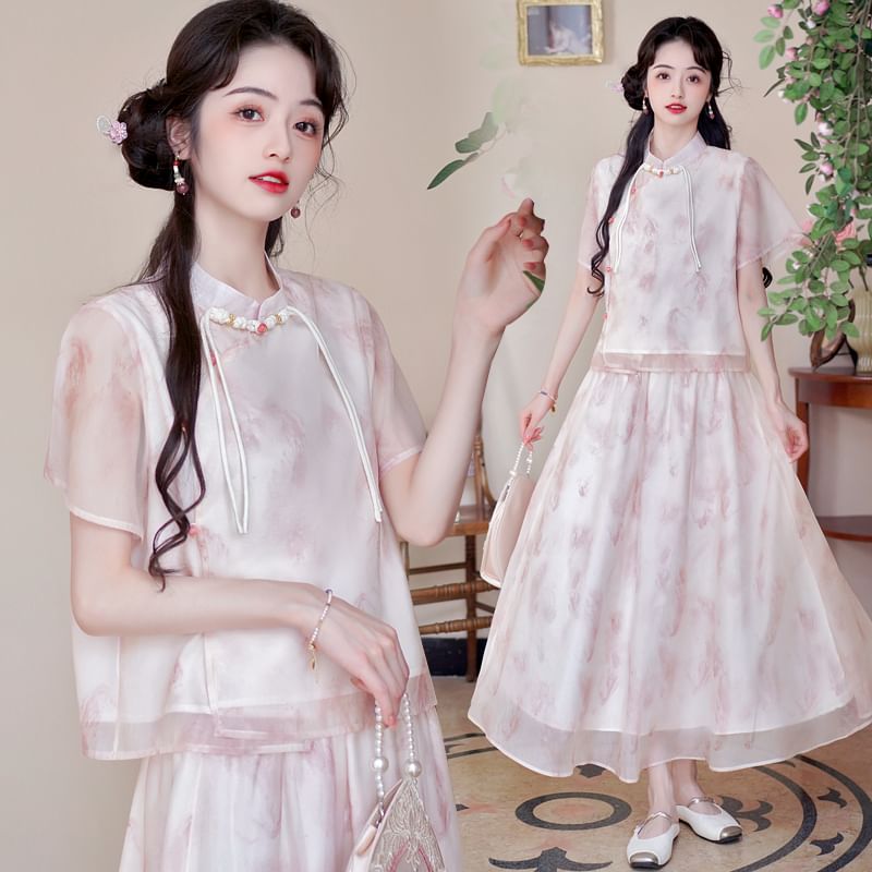 Fioridi - Hanfu-top met korte mouwen en bloemenprint, kikkerknoopjes en hoge taille, midi-A-lijn rok