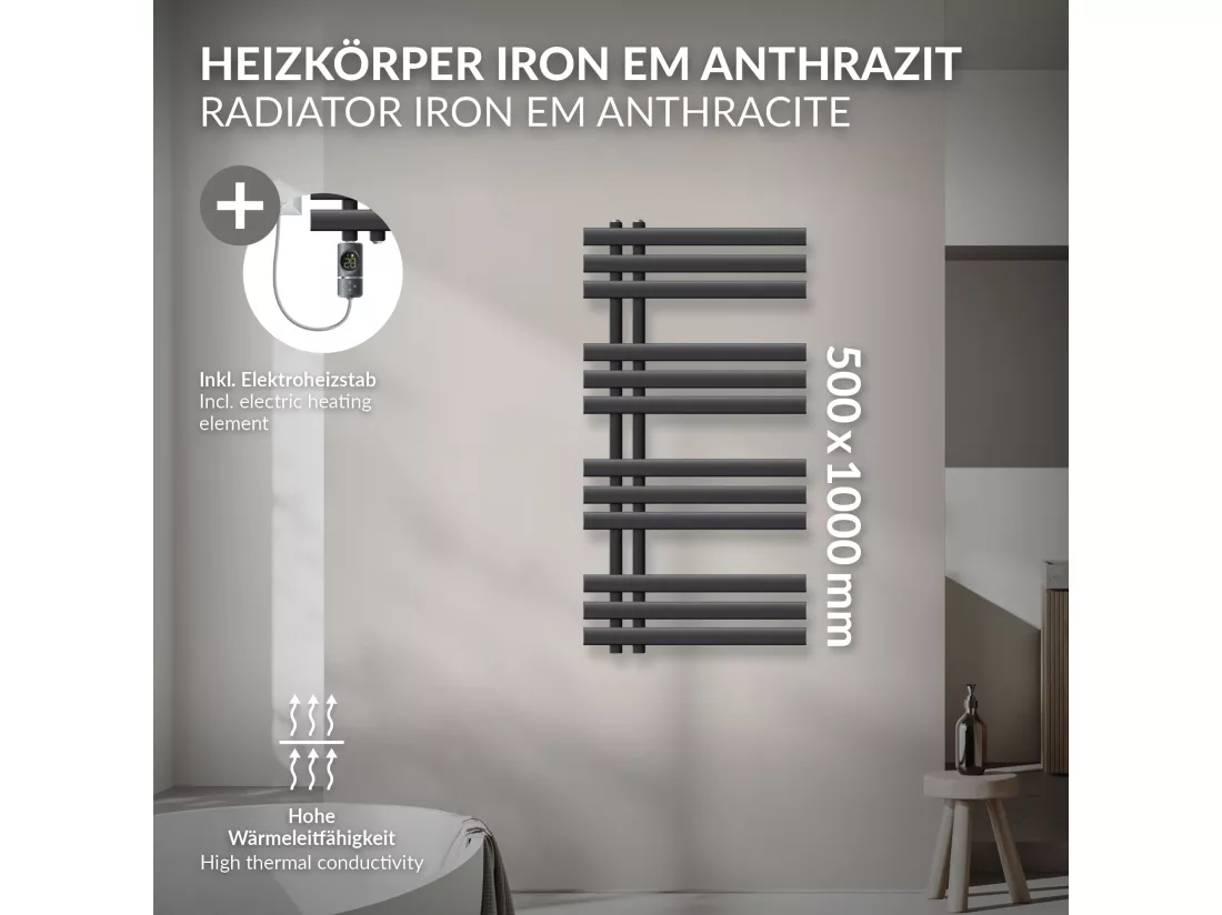 Iron EM radiateur sèche-serviettes 50x100cm thermoplongeur 600W de salle de bain