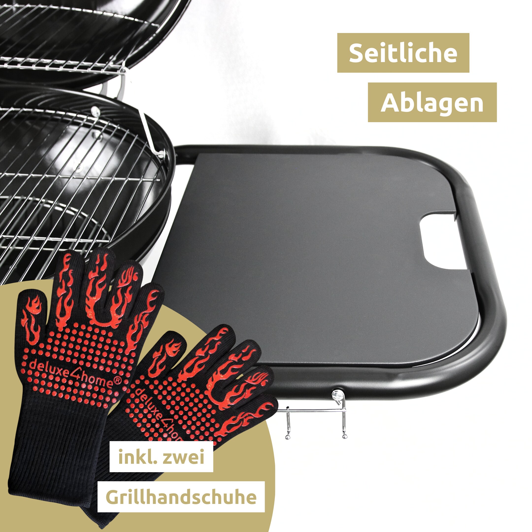 deluxe4home® BBQ Kugelgrill mit zwei Ablagen und Grillhandschuhen