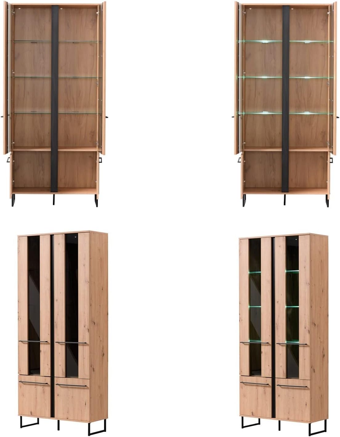 Homestyle4u 2213 Wohnwand 4-teilig Komplett-Set Schrankwand Holz Eiche Wohnzimmer Anbauwand Modern Industrial Style