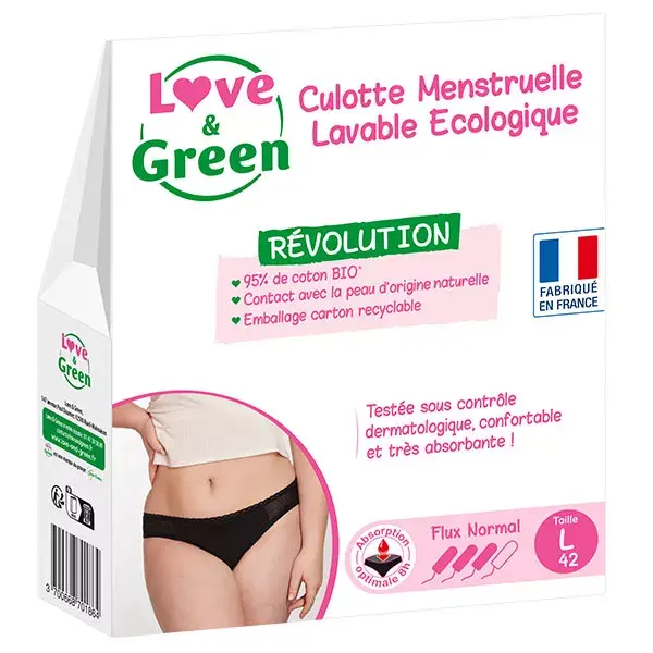 Calcinha menstrual lavável e ecológica Love & Green, tamanho 42, fluxo normal.