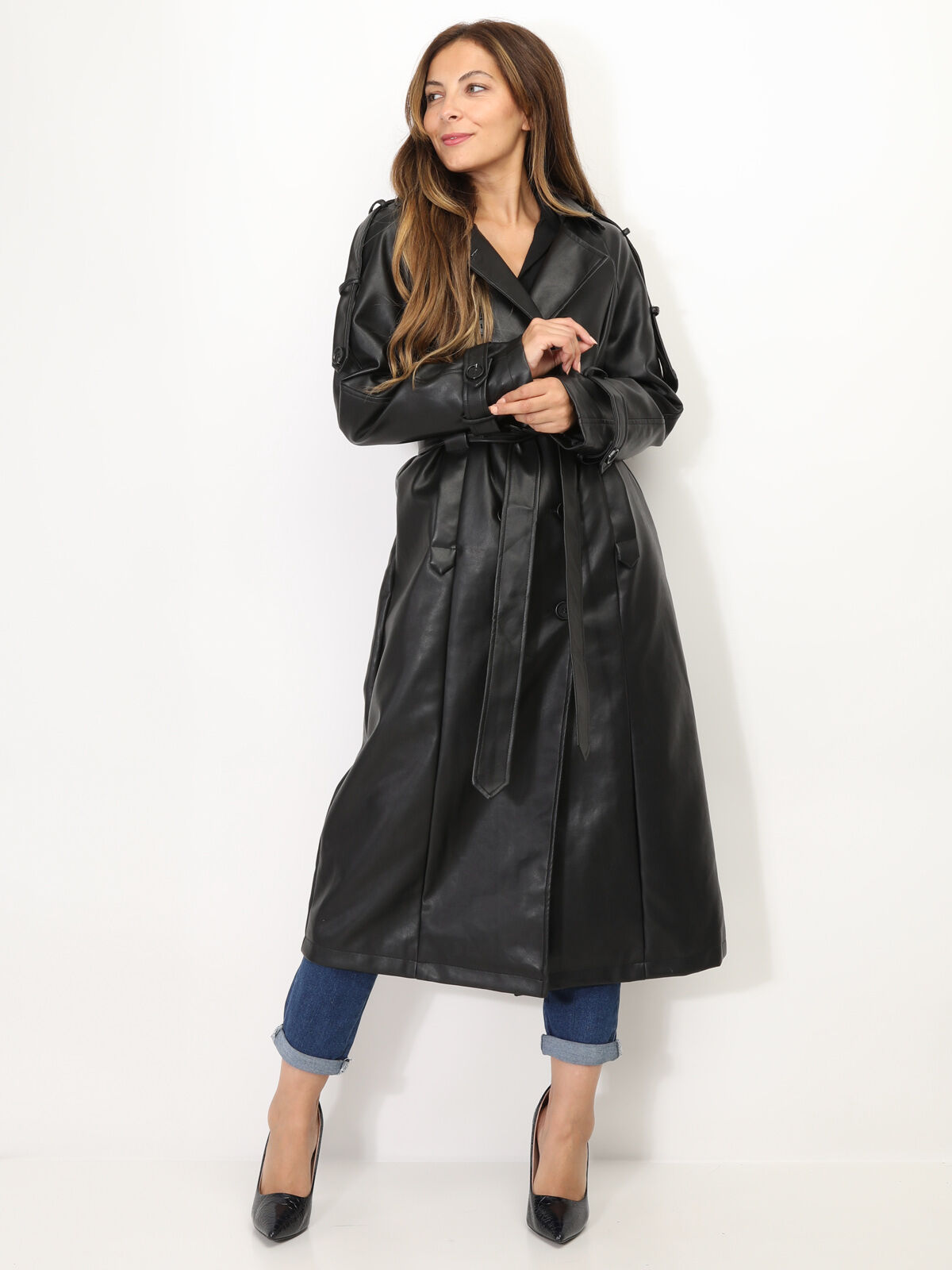 Trench long en simili avec ceinture- Noir