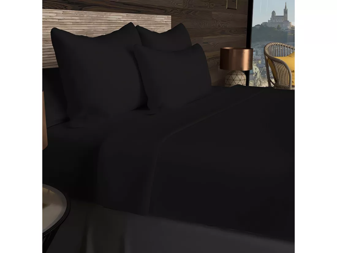 Drap plat en coton 57 fils 180x290 cm UNI noir, par Soleil d'ocre