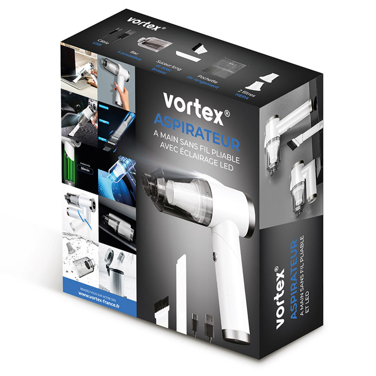 Vortex Aspirateur à main sans fil pliable avec éclairage LED  blanc