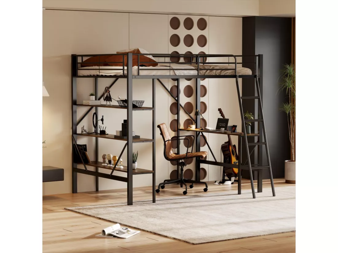 Lit mezzanine 90x200cm, cadre en métal, lit surélevé avec échelle, bureau et 3 grandes étagères pour enfants, adolescents, noir