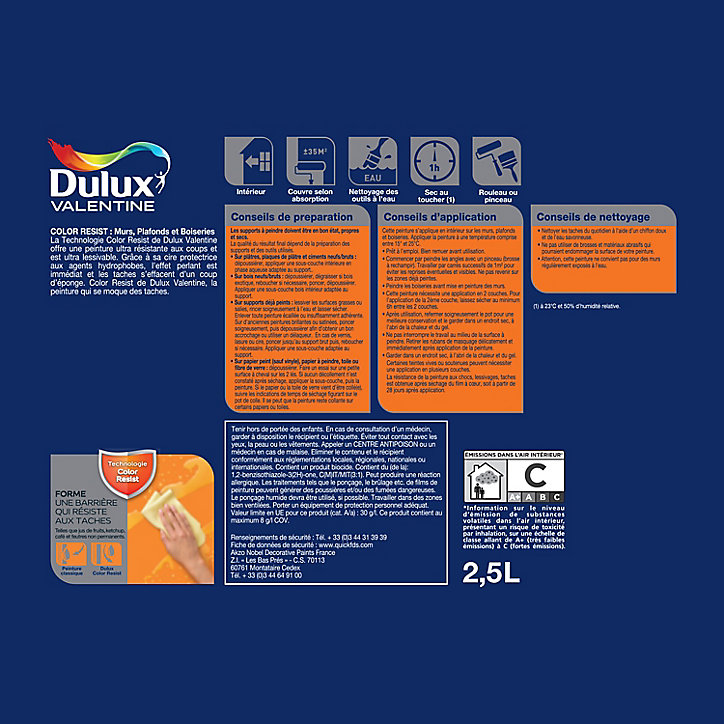 Peinture murs et boiseries Color Resist Dulux Valentine satin bleu scandinave 2,5L