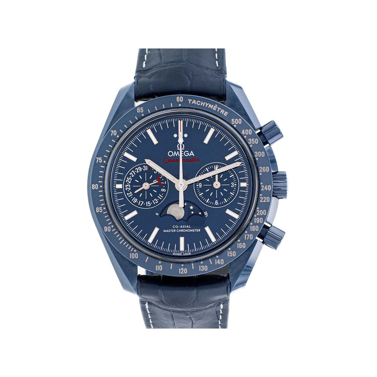 Montre d'occasion Omega Speedmaster homme chronographe automatique céramique bracelet cuir bleu