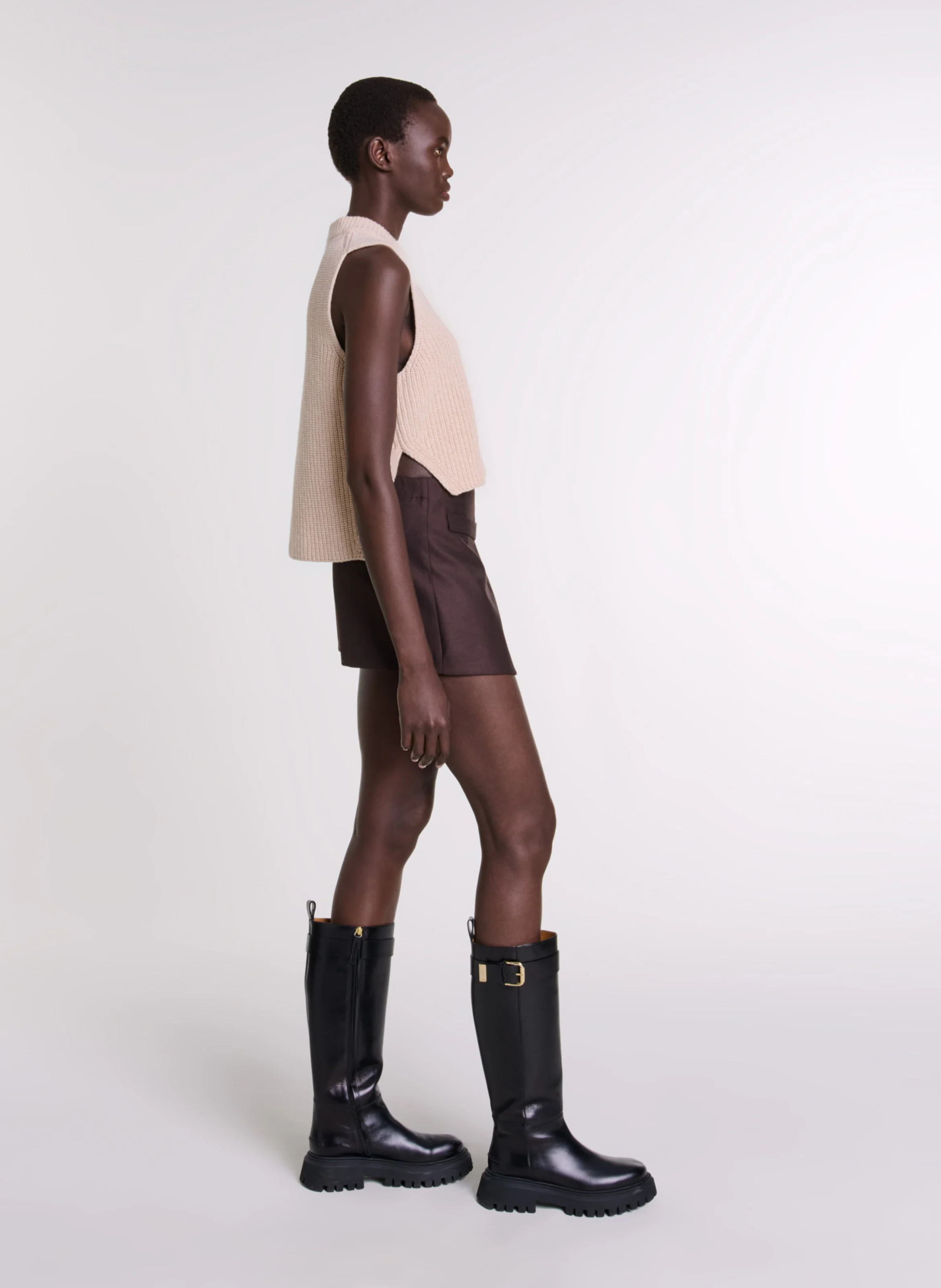 Pull court col rond en laine | Beige