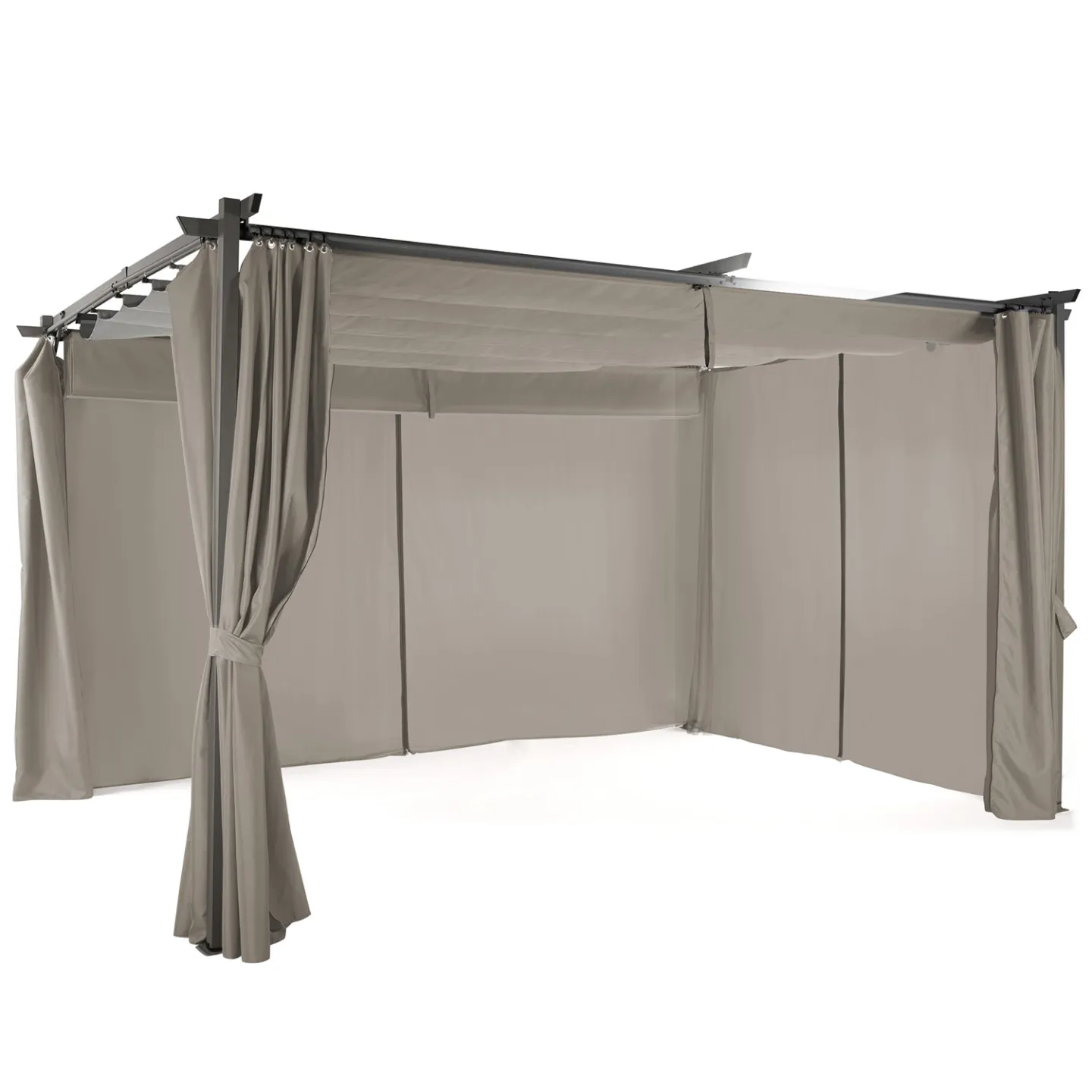 Pergola édition limitée toit rétractable 3x4 M et 4 rideaux taupe