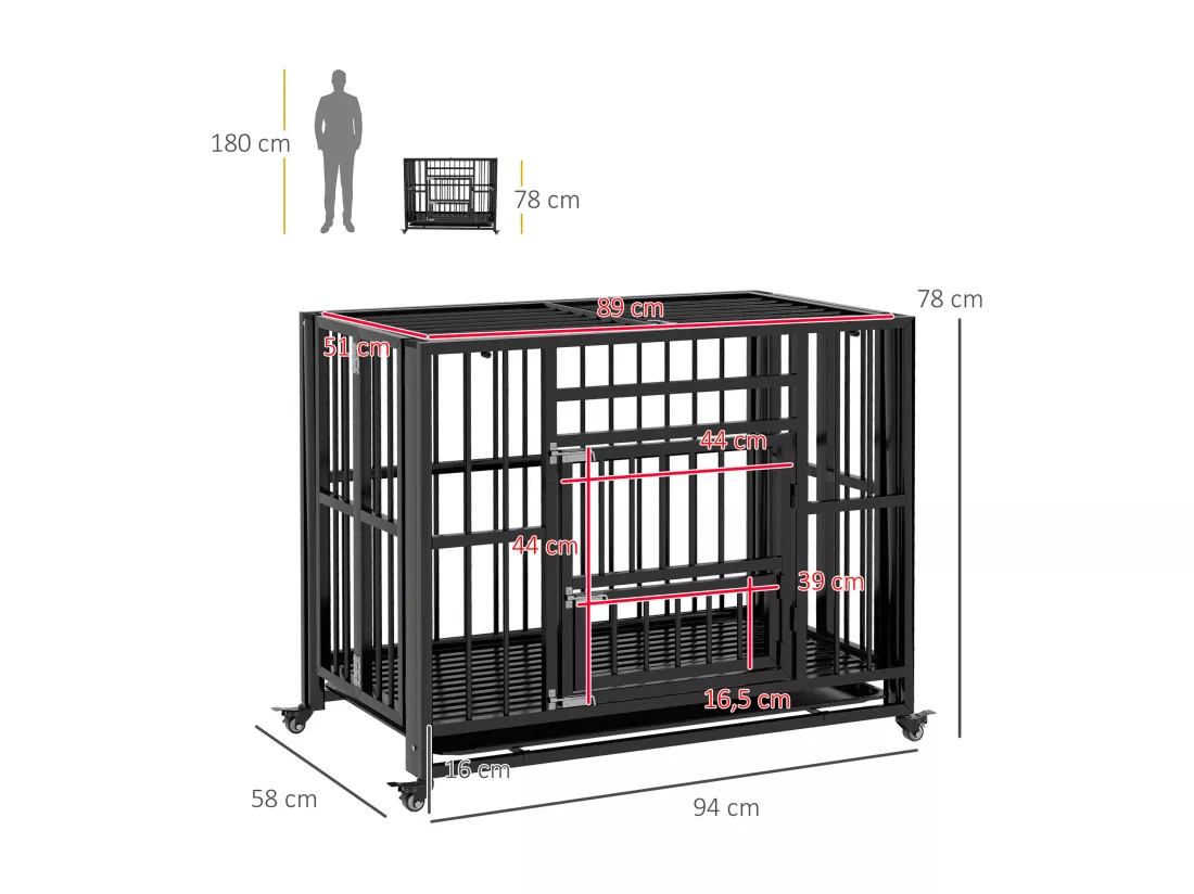Cage pour chien animaux cage de transport sur roulettes pliable 3 portes verrouillables plateau amovible acier noir