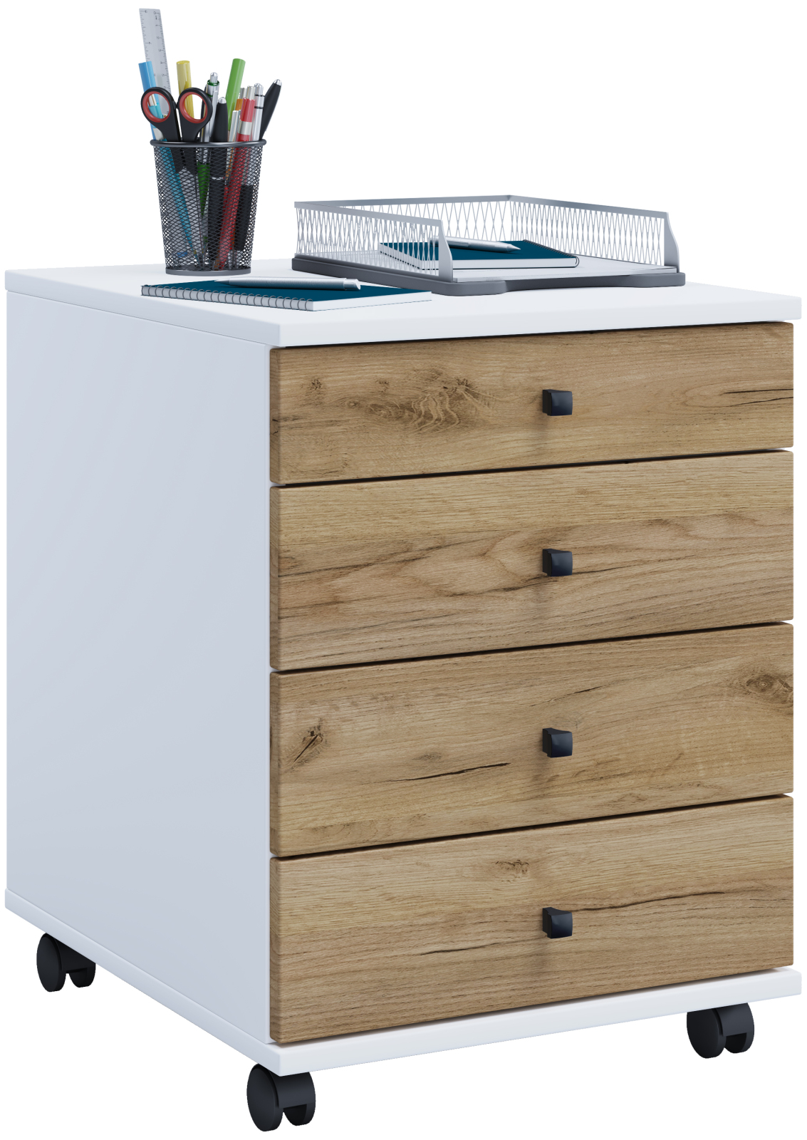 Rollcontainer LONA MINI - weiß-Honig Eiche - 4 Schubladen