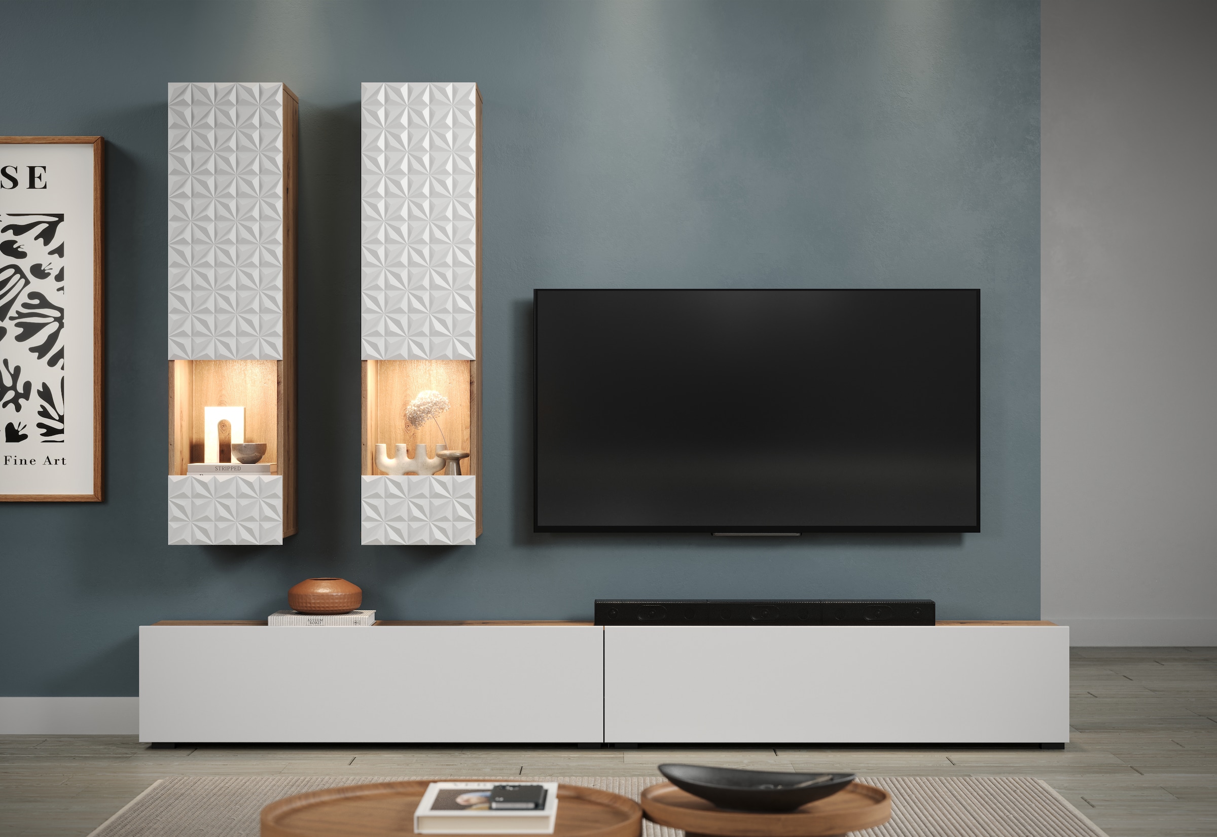 INOSIGN Wohnwand »Rezzo, 2 Hängevitrinen mit Relief-Front, 2 Lowboards je Br. 120 cm« Komplett-Set, 4 Stk. tlg.
