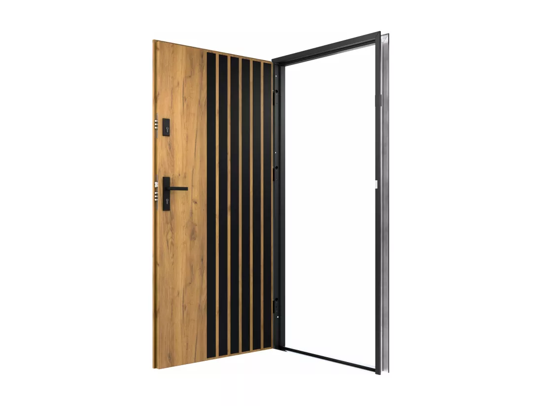 Porte d'entrée pleine en acier H207 x L100 cm - Effet chêne avec rayures noires - poussant gauche - COBRITA