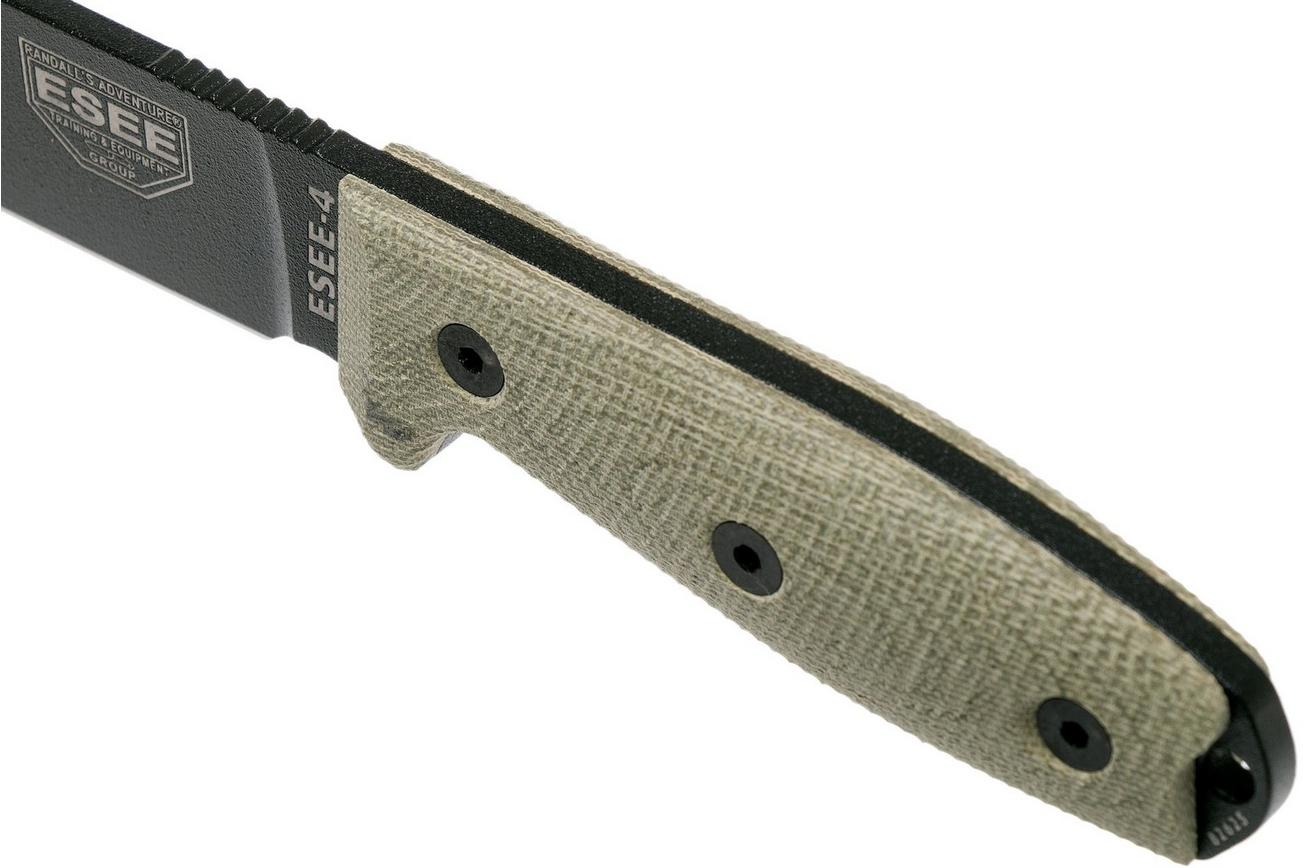 ESEE Model 4 Black Blade 3D Green Canvas Micarta survivalmes 4PB-017 zwarte schede   riemclip