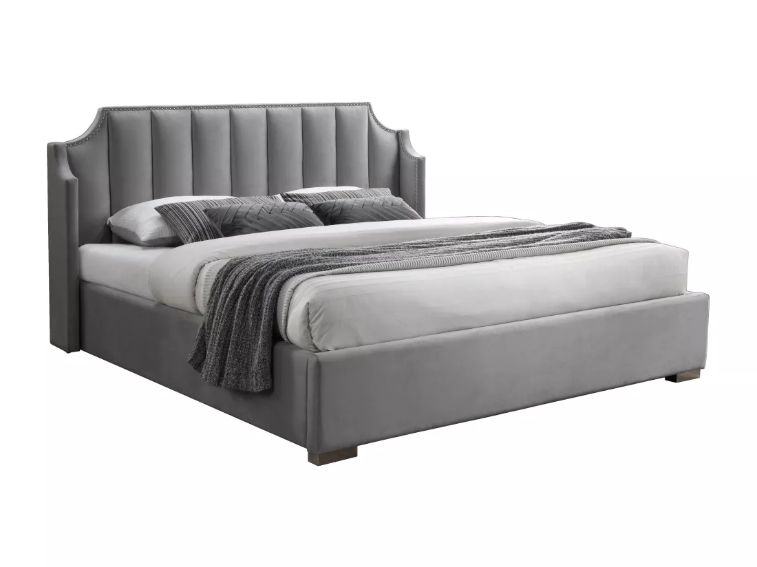 Lit coffre 180 x 200 cm avec tête de lit incurvée - Velours - Gris clair + Matelas - TEOMIS
