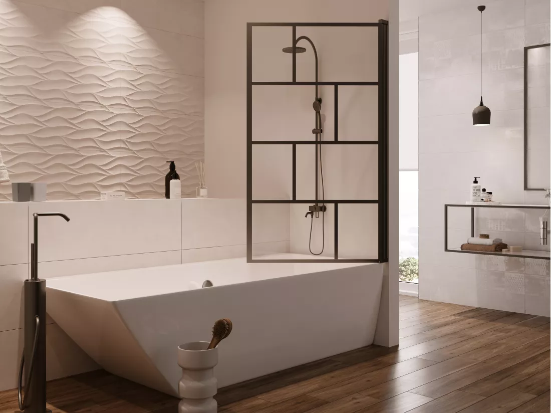 Pare baignoire pivotant style industriel - 80 x 140 cm - Noir mat - Verre - RIVANON