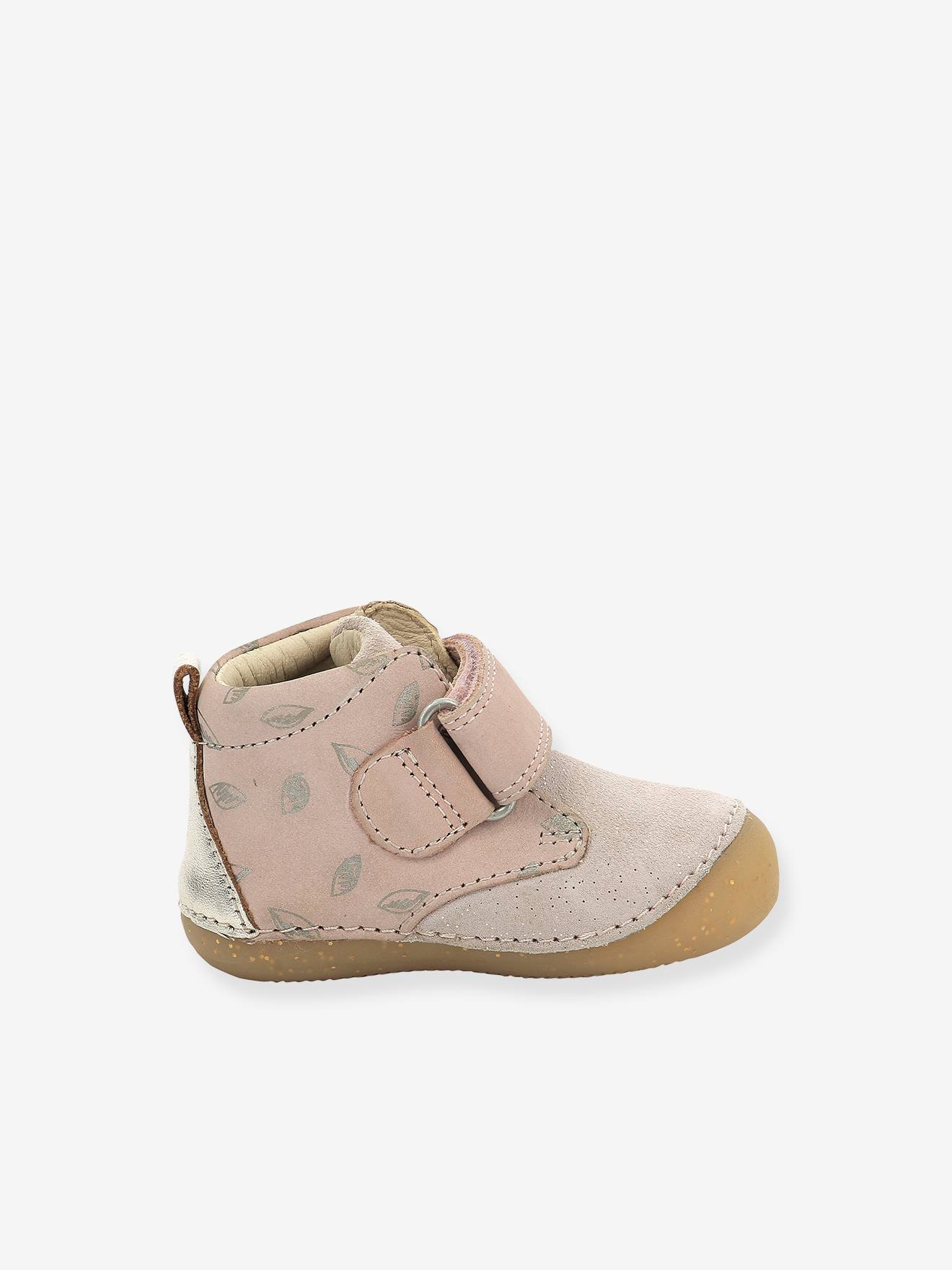 Botas de couro Sabio KICKERS® para bebês, primeiros passos, estampa rosa.
