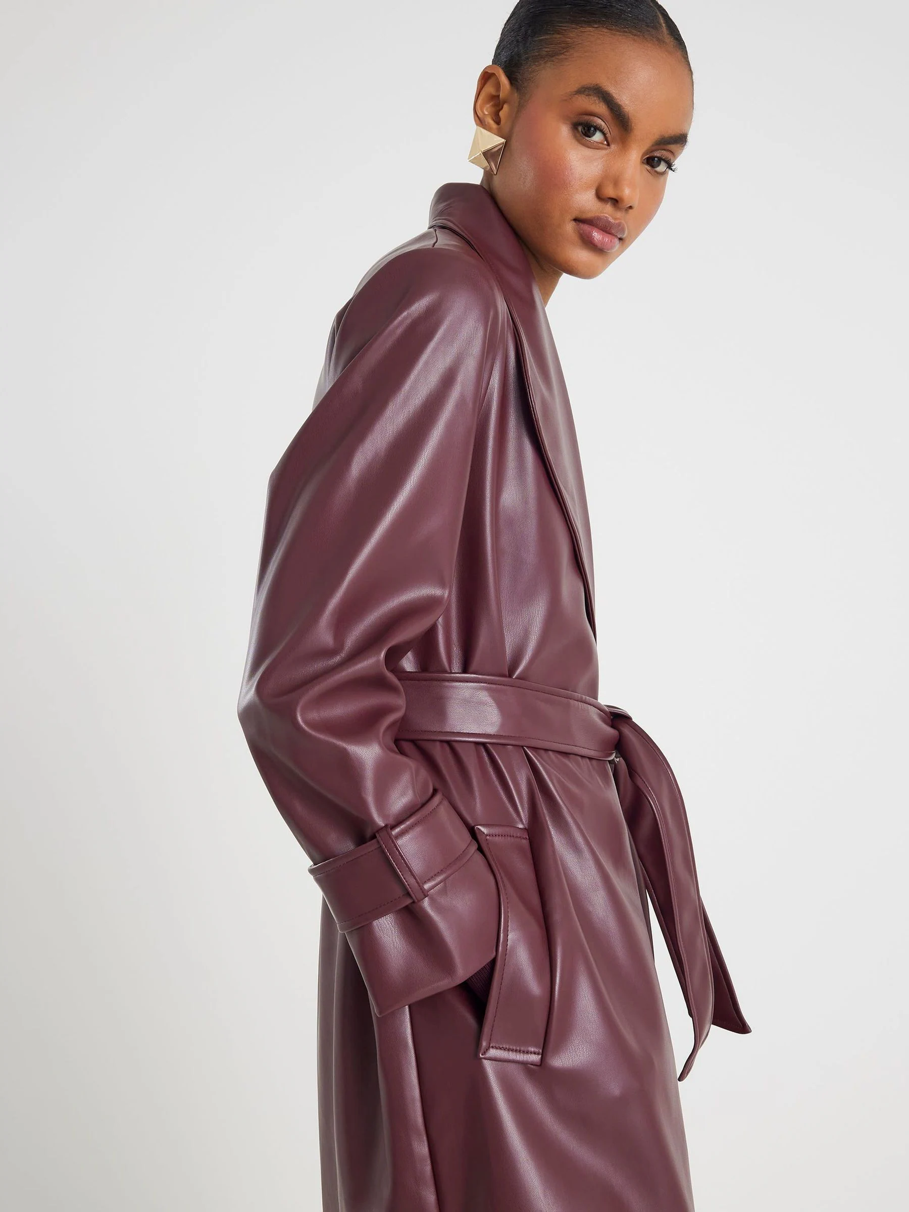 River Island Faux Leather Long Line Belted Wrap Coat