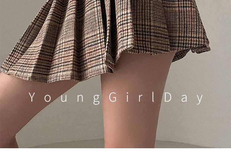 RainGirl - Hoge geruite geplooide mini A-lijn rok