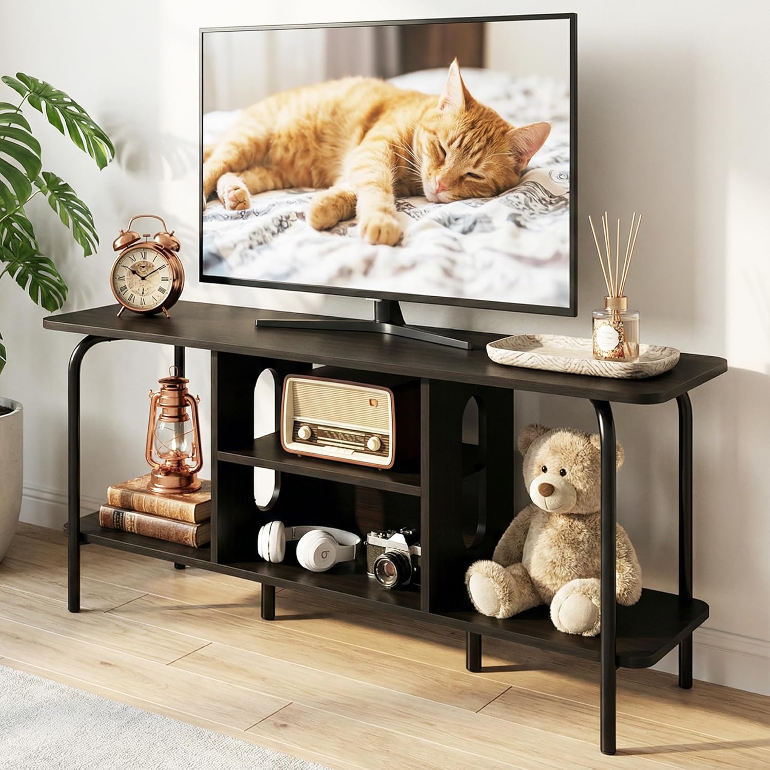 Manora TV Schrank Schwarz 120cm Lang mit Lowboard Funktion,Modern TV Board mit 4 Offenen Fächern,Fernsehtisch Hoch Bräunlich-schwarz，TV Tisch mit Metallfüßen,TV Sideboard für Wohnzimmer