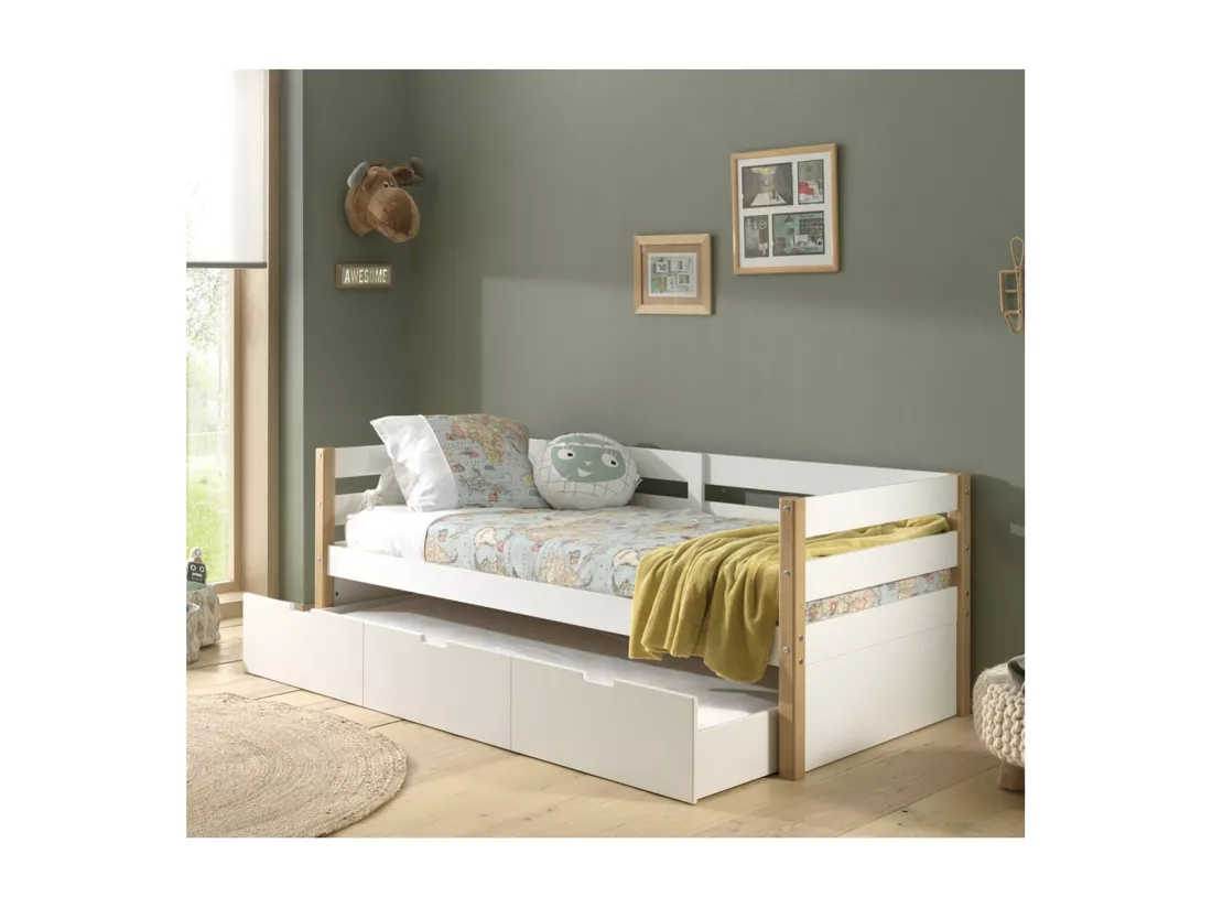 OLAF - Lit Gigogne 90x200cm Blanc et Bois