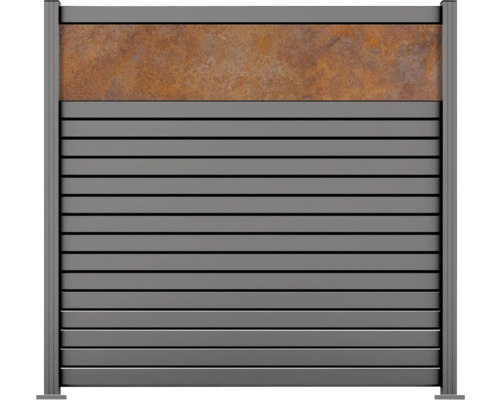 Zelfbouw schuttingpaneelset, aluminium ruit Vidrio glasstroken, Corten-look, 180 x 180 cm, grijs getextureerd