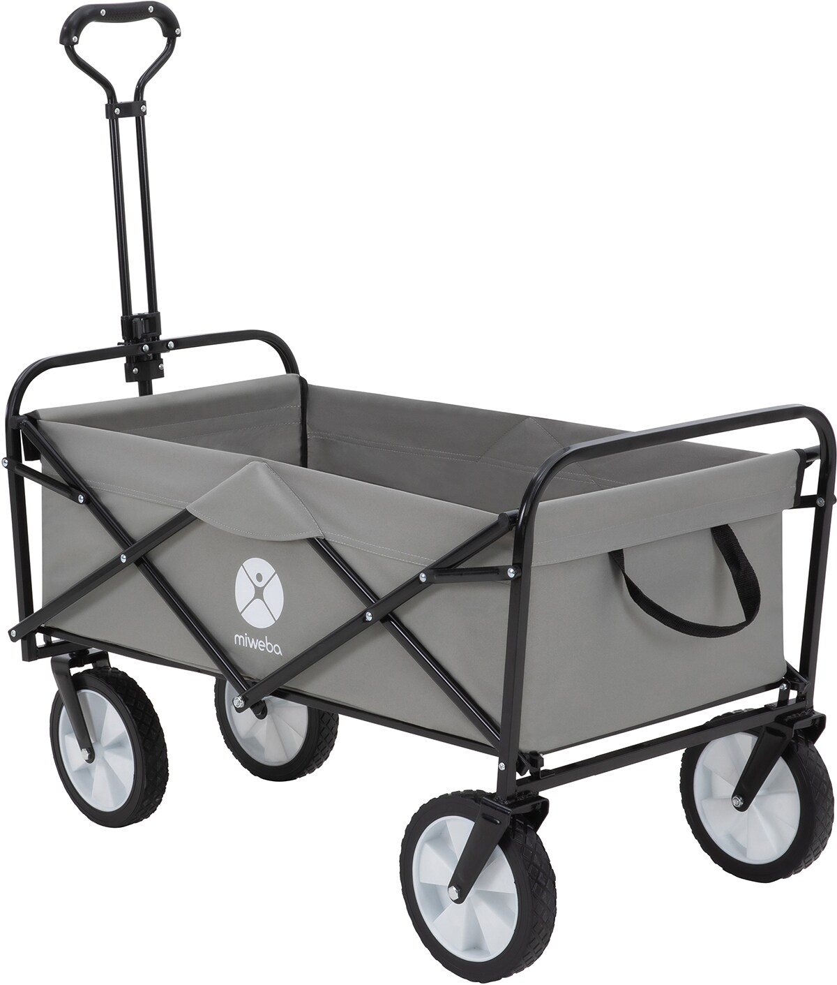 Miweba Bollerwagen MB-35, faltbar, bis 120 kg, Teleskop-Lenkstange, 360°-Räder, Tasche, Stahlrahmen (Grau)