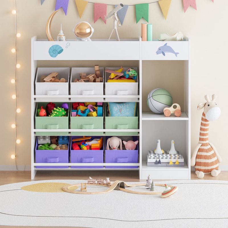 Kinderkast - Farusa - Wit - Met Aqua Dream Motief - Met Open Vakken en Opbergboxen