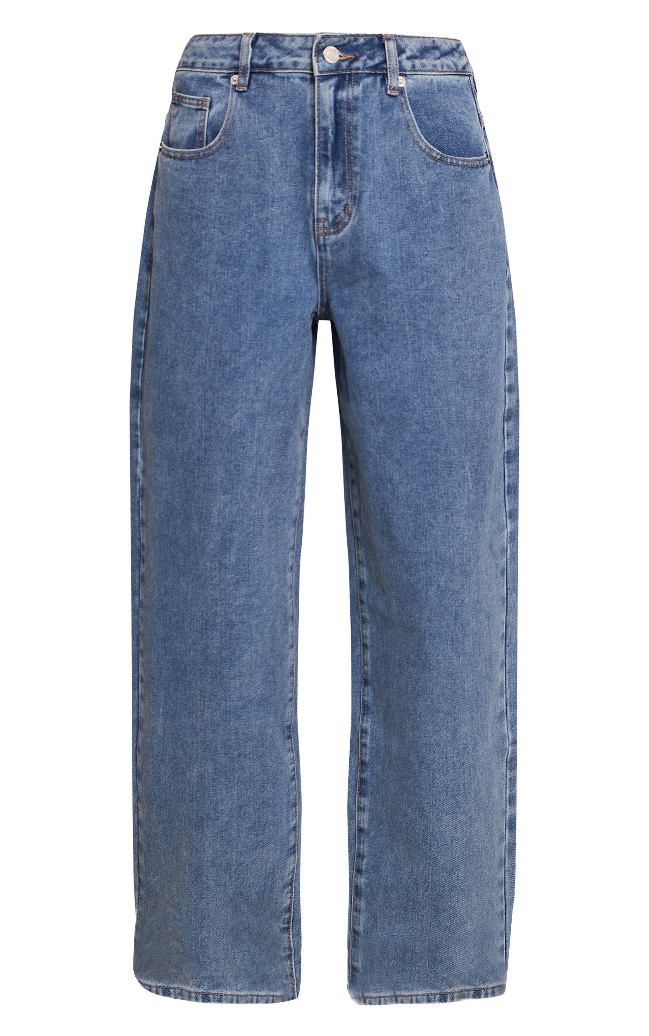 Délavage Vintage Jean Boyfriend Style Dos Plongeant Délavage Bleu Moyen